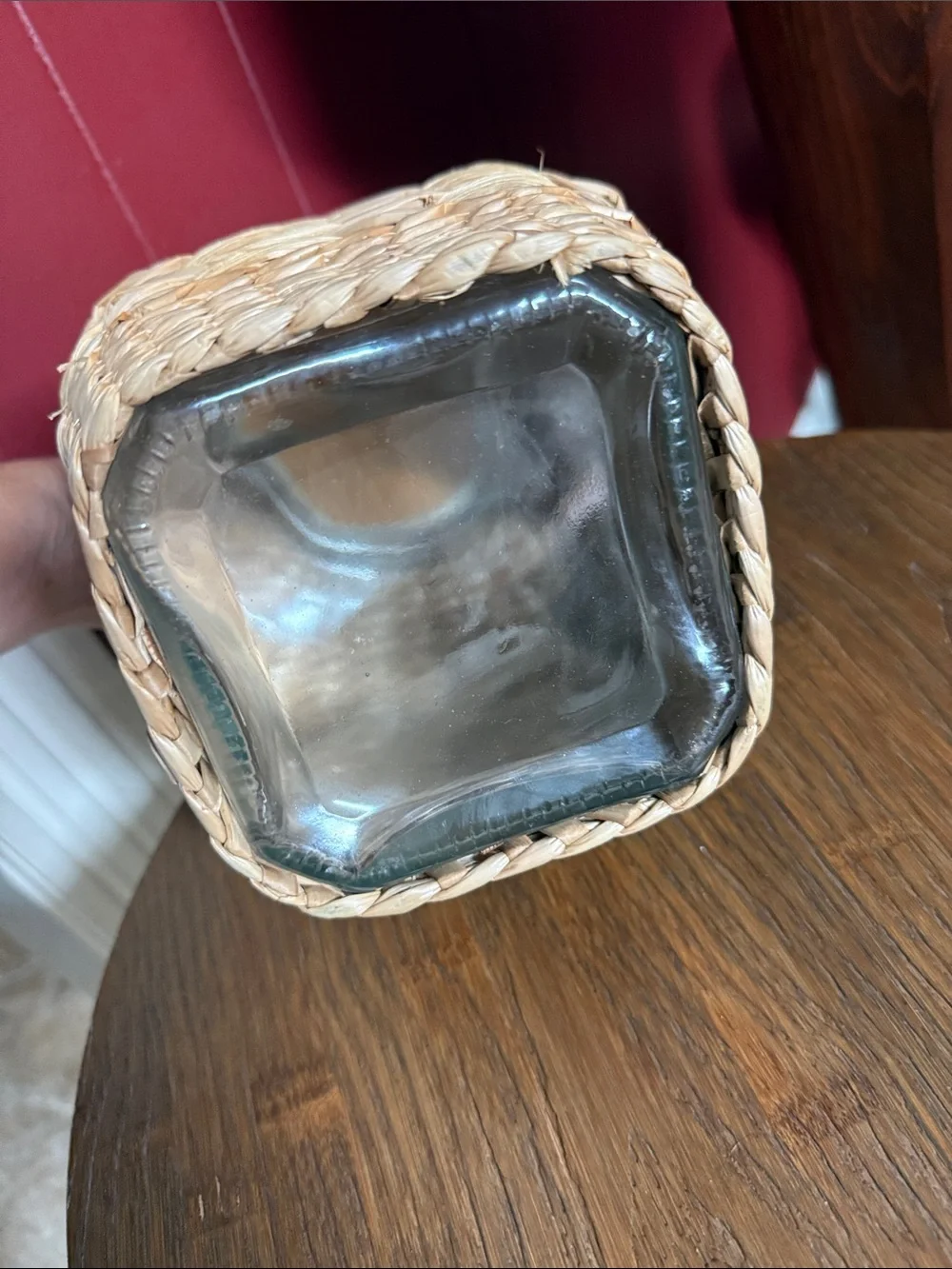 Small Glass Jar Woven Wicker Wrap with lid. Beautiful